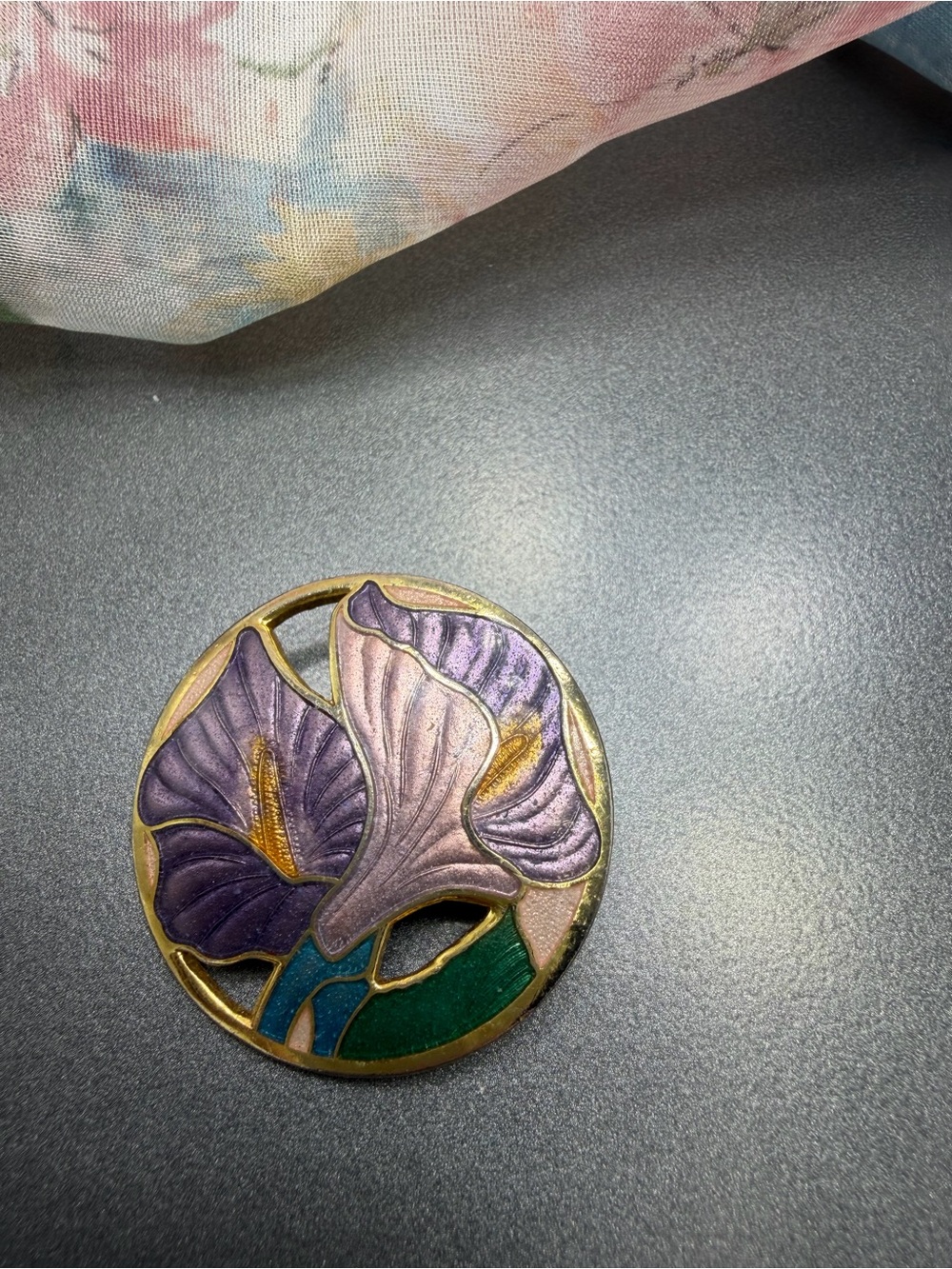 Vintage Floral Cloisonné Brooch in Purple # 160clo